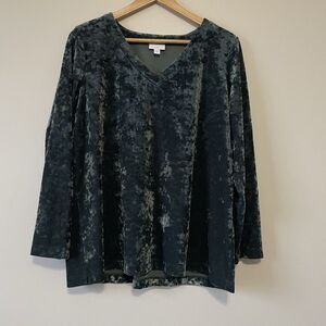 J. Jill  Crushed Velvet  Top Large Green Velour Classic Office Casual Romantic